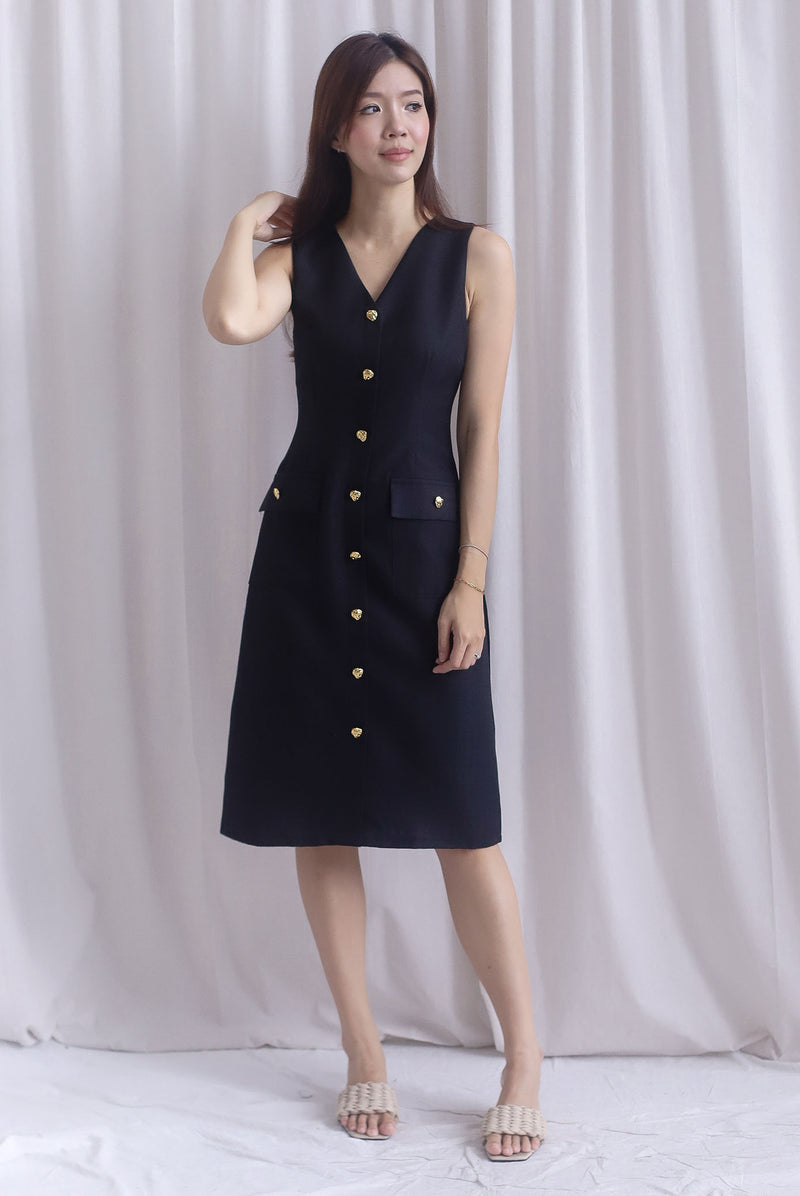 *Restocked* Dulce Gold Buttons Tweed Work Dress In Black