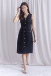 *Restocked* Dulce Gold Buttons Tweed Work Dress In Black