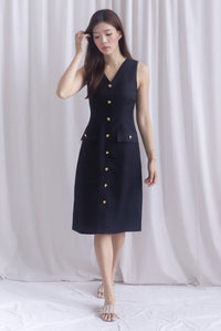 *Restocked* Dulce Gold Buttons Tweed Work Dress In Black