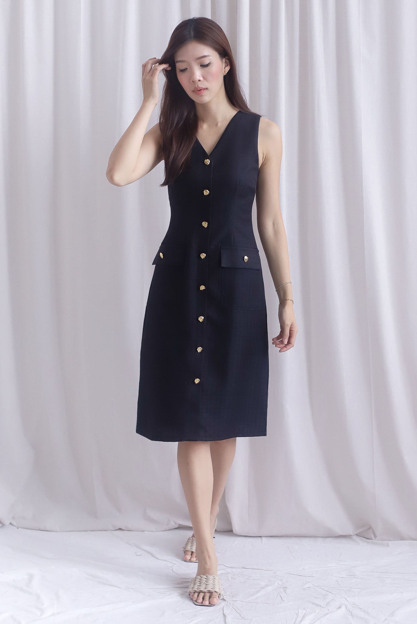 *Restocked* Dulce Gold Buttons Tweed Work Dress In Black