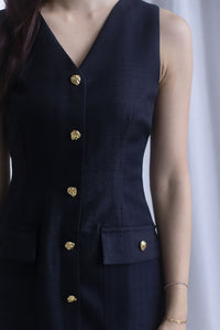 *Restocked* Dulce Gold Buttons Tweed Work Dress In Black