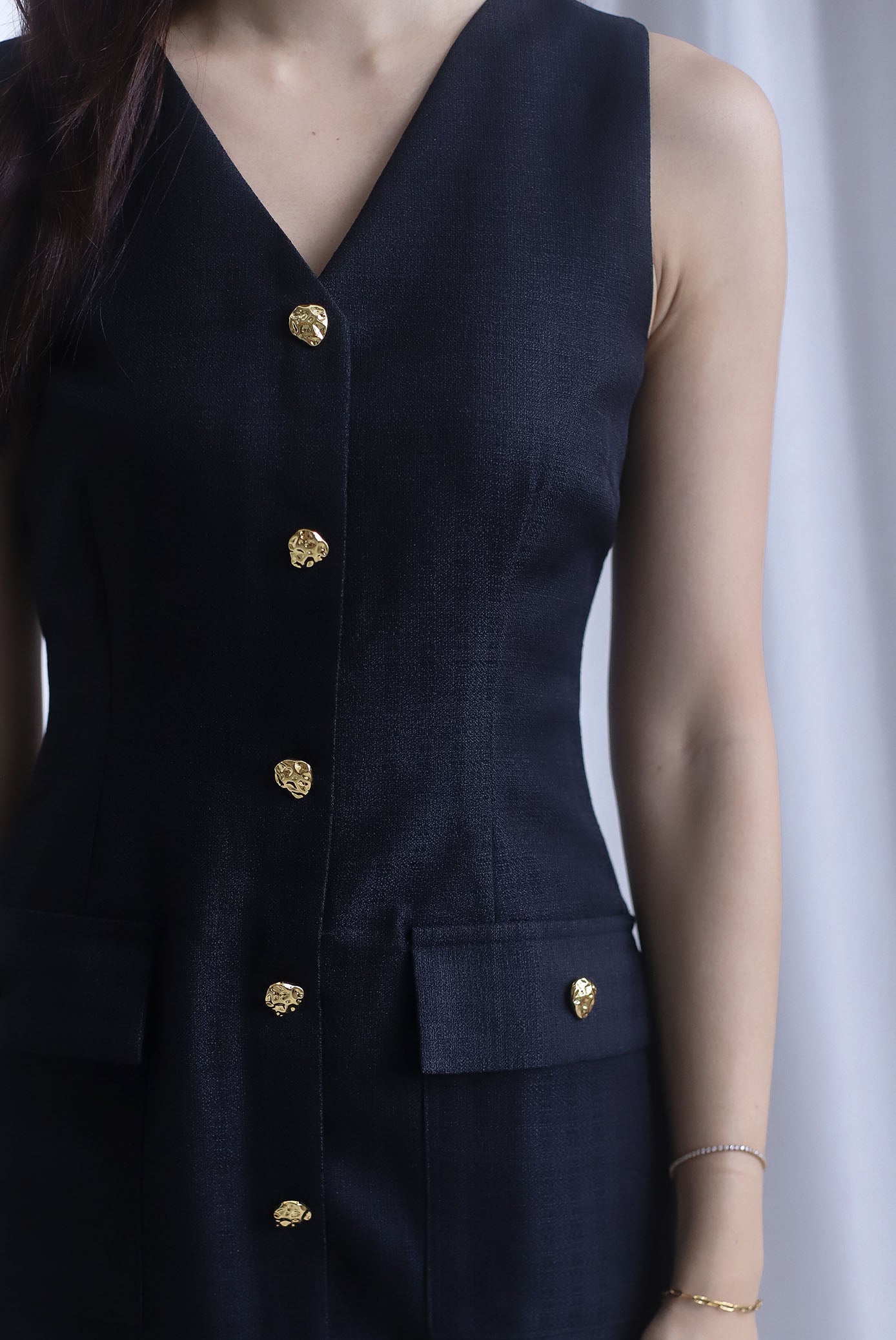*Restocked* Dulce Gold Buttons Tweed Work Dress In Black