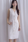 *Restocked* Dulce Gold Buttons Tweed Work Dress In Cream
