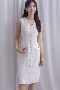 *Restocked* Dulce Gold Buttons Tweed Work Dress In Cream
