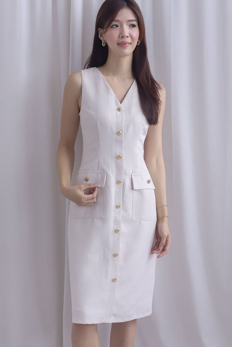 *Restocked* Dulce Gold Buttons Tweed Work Dress In Cream