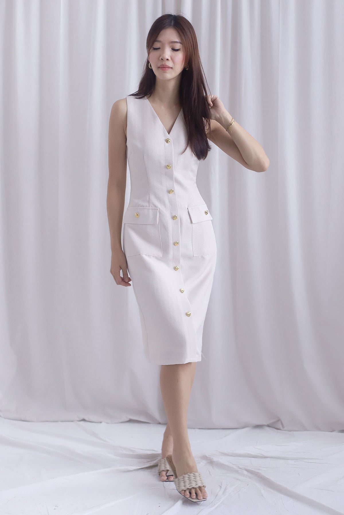 *Restocked* Dulce Gold Buttons Tweed Work Dress In Cream