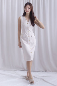 *Restocked* Dulce Gold Buttons Tweed Work Dress In Cream