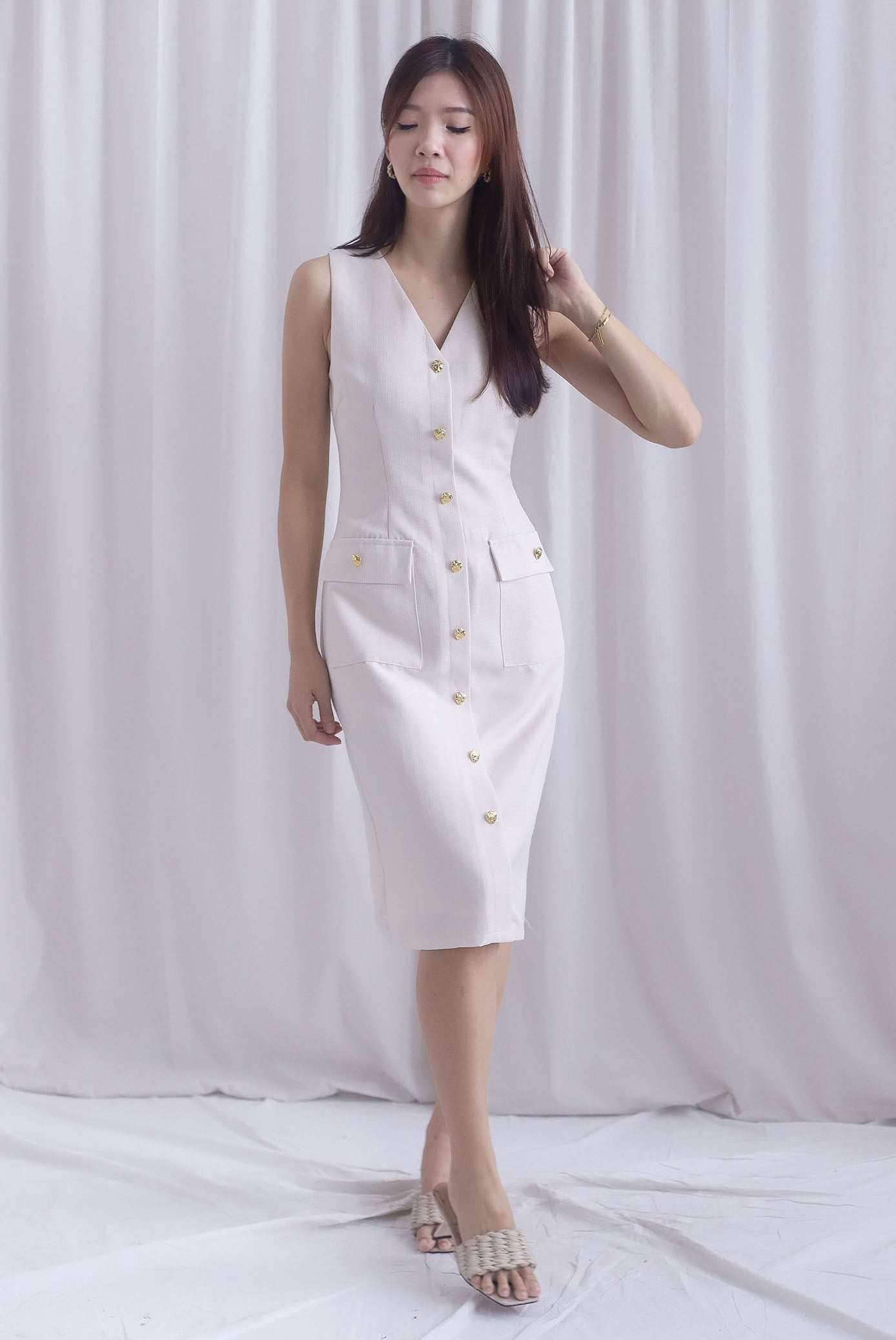 *Restocked* Dulce Gold Buttons Tweed Work Dress In Cream