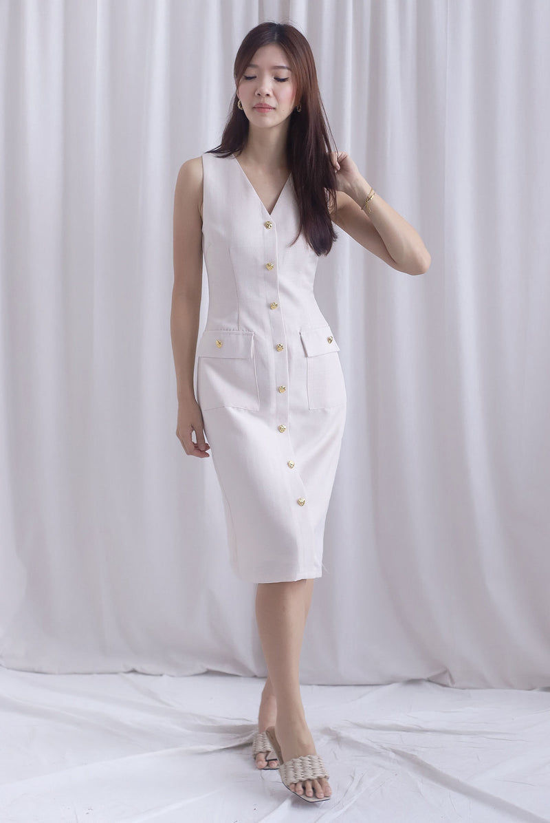 *Restocked* Dulce Gold Buttons Tweed Work Dress In Cream
