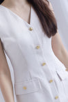 *Restocked* Dulce Gold Buttons Tweed Work Dress In Cream