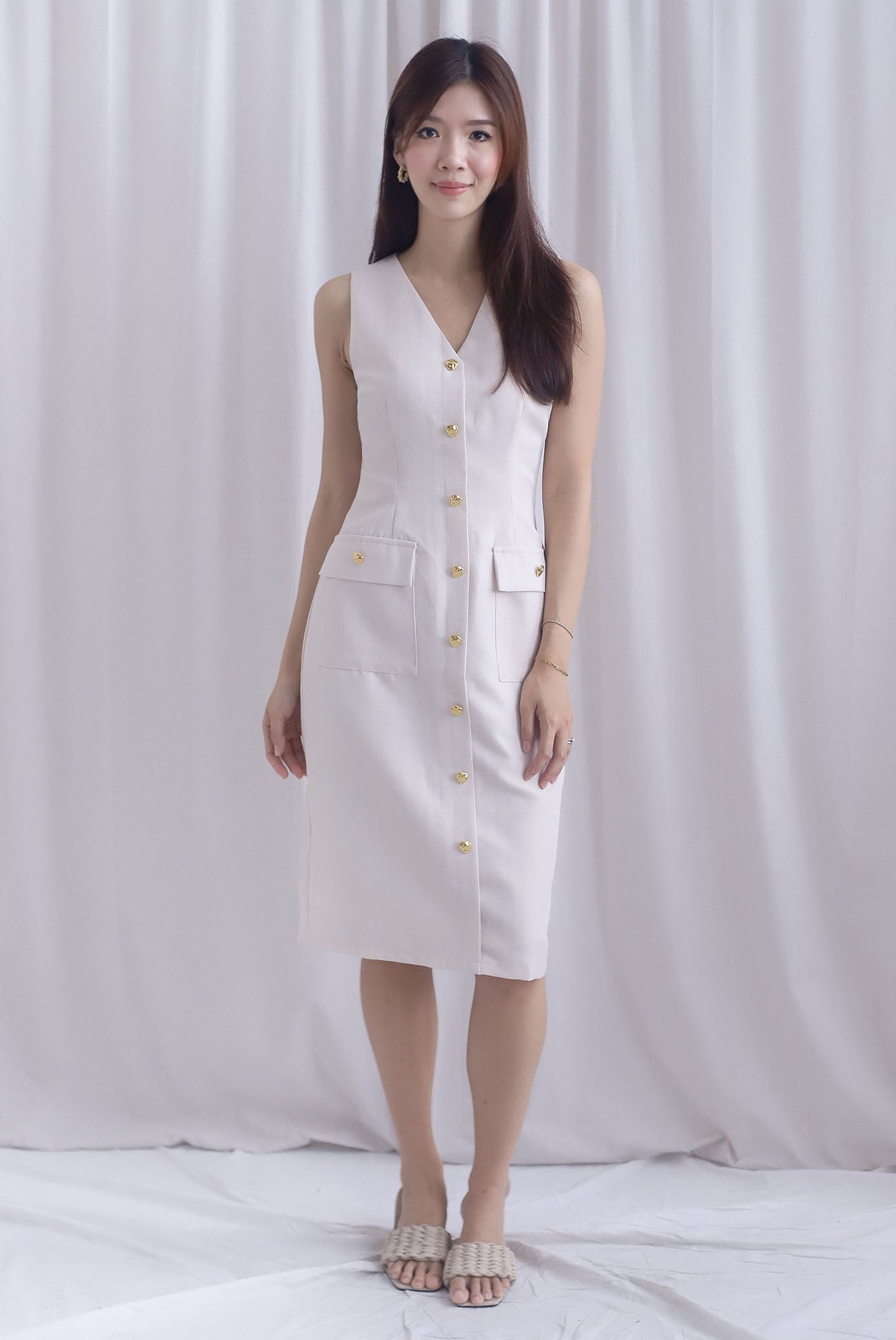 *Restocked* Dulce Gold Buttons Tweed Work Dress In Cream
