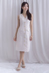 *Restocked* Dulce Gold Buttons Tweed Work Dress In Cream
