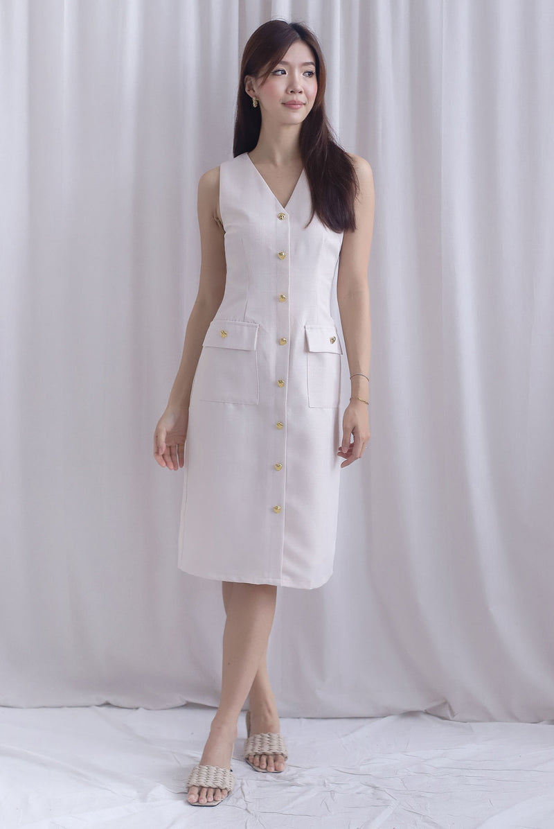 *Restocked* Dulce Gold Buttons Tweed Work Dress In Cream