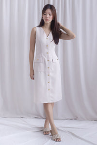 *Restocked* Dulce Gold Buttons Tweed Work Dress In Cream