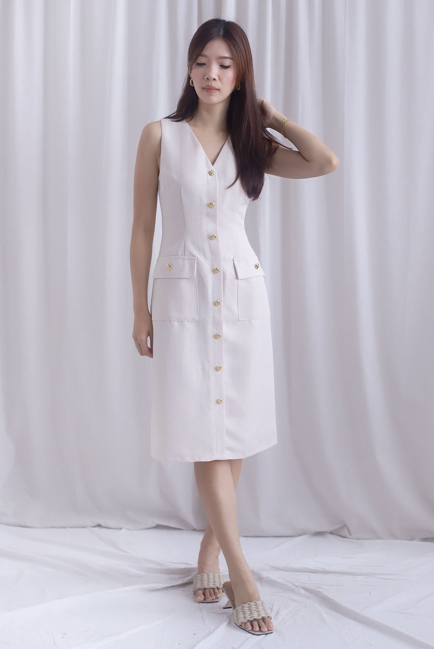 *Restocked* Dulce Gold Buttons Tweed Work Dress In Cream