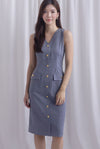 *Restocked* Dulce Gold Buttons Tweed Work Dress In Grey