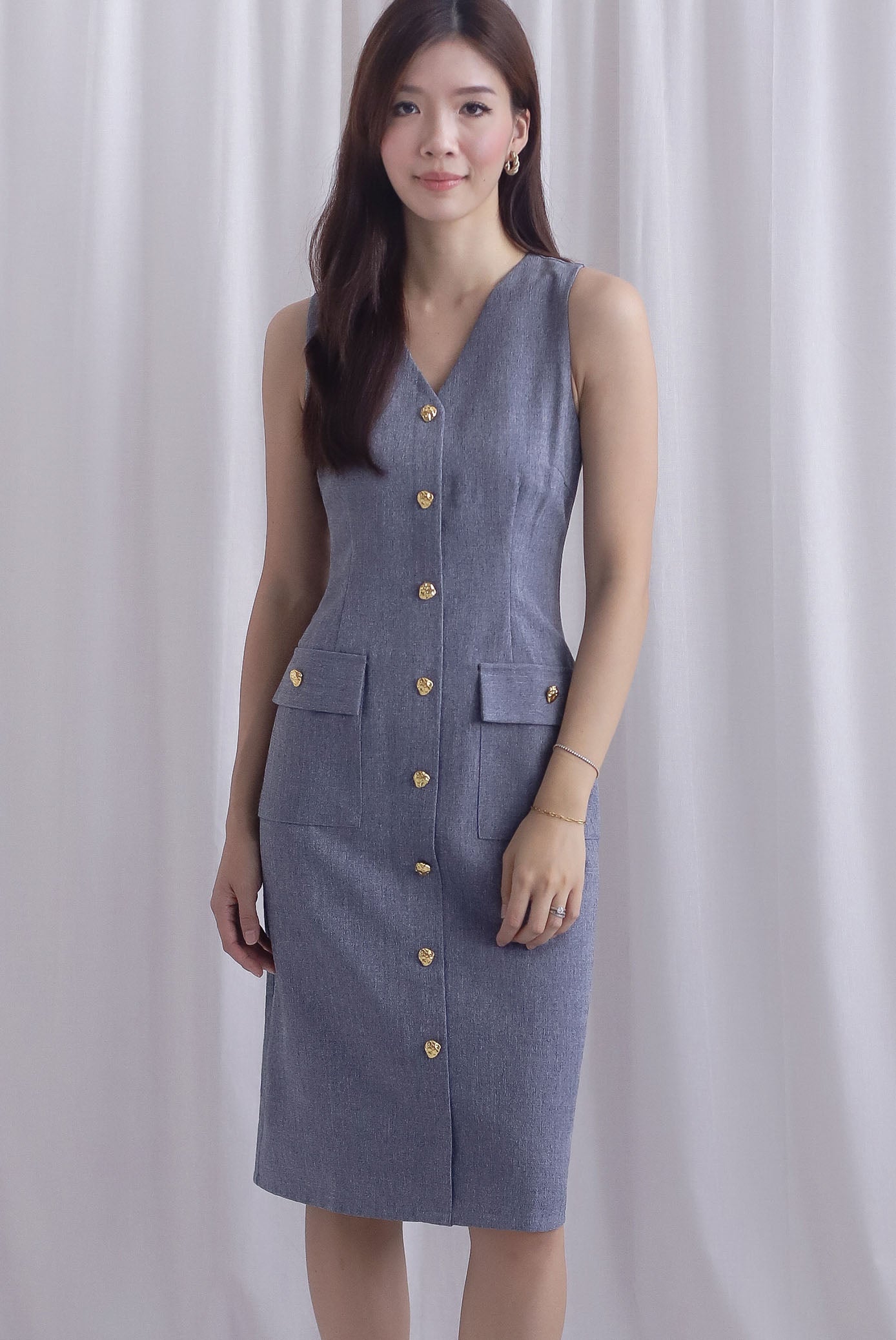 *Restocked* Dulce Gold Buttons Tweed Work Dress In Grey