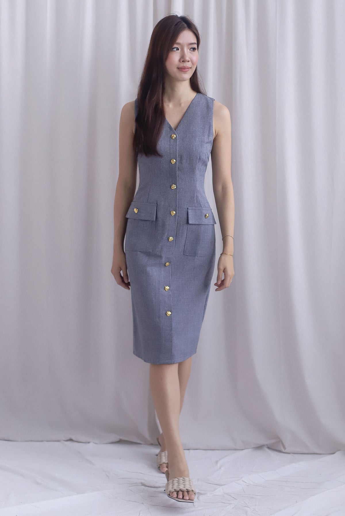 *Restocked* Dulce Gold Buttons Tweed Work Dress In Grey