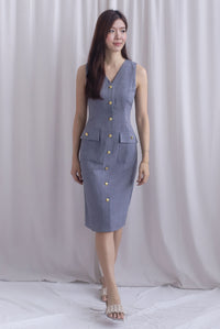 *Restocked* Dulce Gold Buttons Tweed Work Dress In Grey