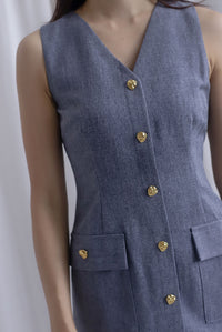 *Restocked* Dulce Gold Buttons Tweed Work Dress In Grey