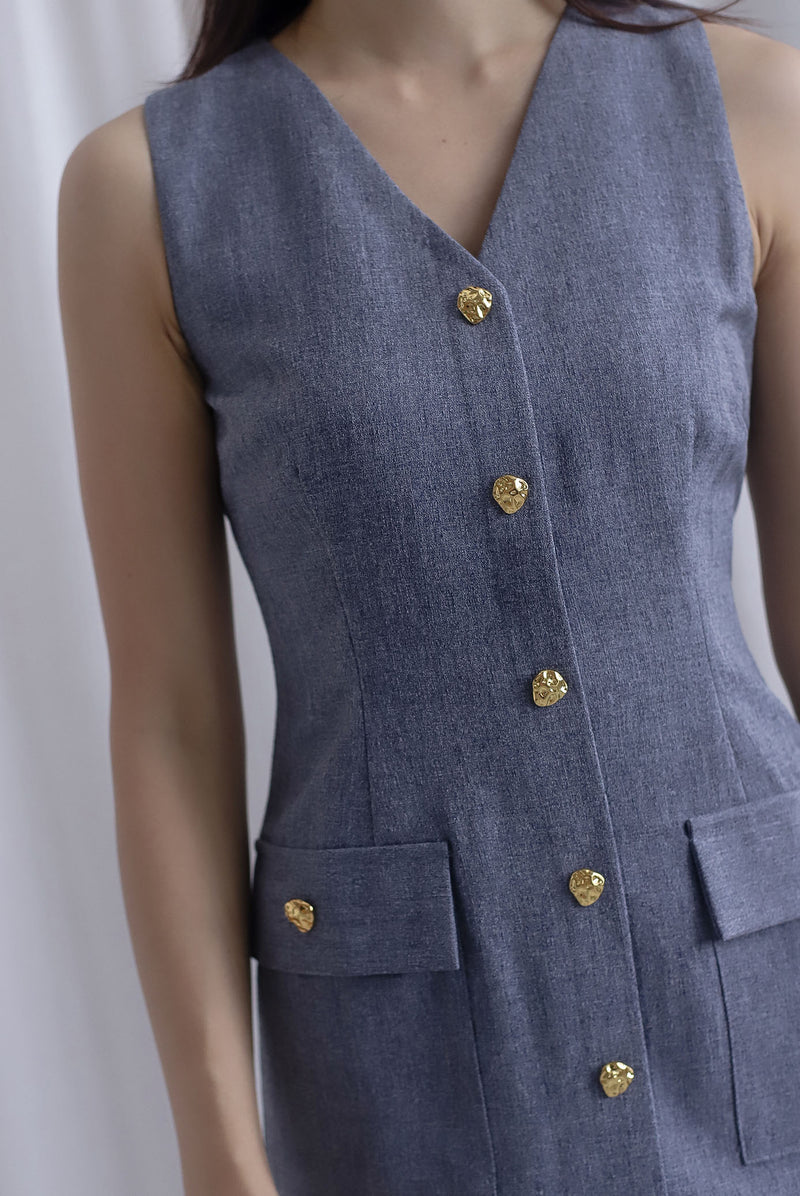 *Restocked* Dulce Gold Buttons Tweed Work Dress In Grey