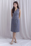 *Restocked* Dulce Gold Buttons Tweed Work Dress In Grey