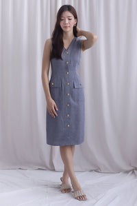 *Restocked* Dulce Gold Buttons Tweed Work Dress In Grey
