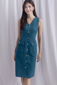 *Restocked* Dulce Gold Buttons Tweed Work Dress In Forest Green