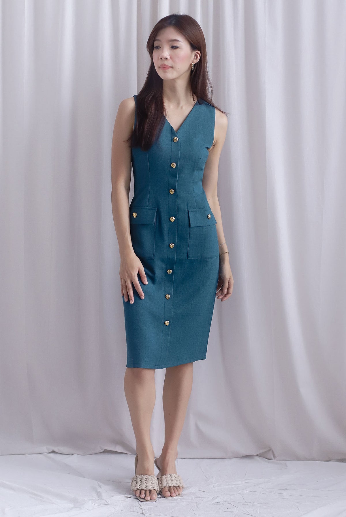*Restocked* Dulce Gold Buttons Tweed Work Dress In Forest Green
