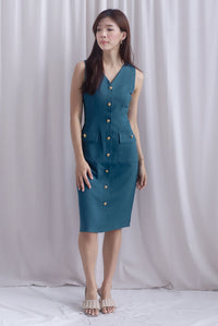 *Restocked* Dulce Gold Buttons Tweed Work Dress In Forest Green