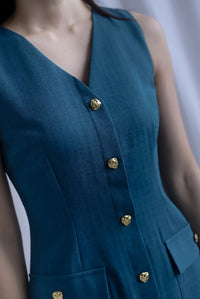 *Restocked* Dulce Gold Buttons Tweed Work Dress In Forest Green