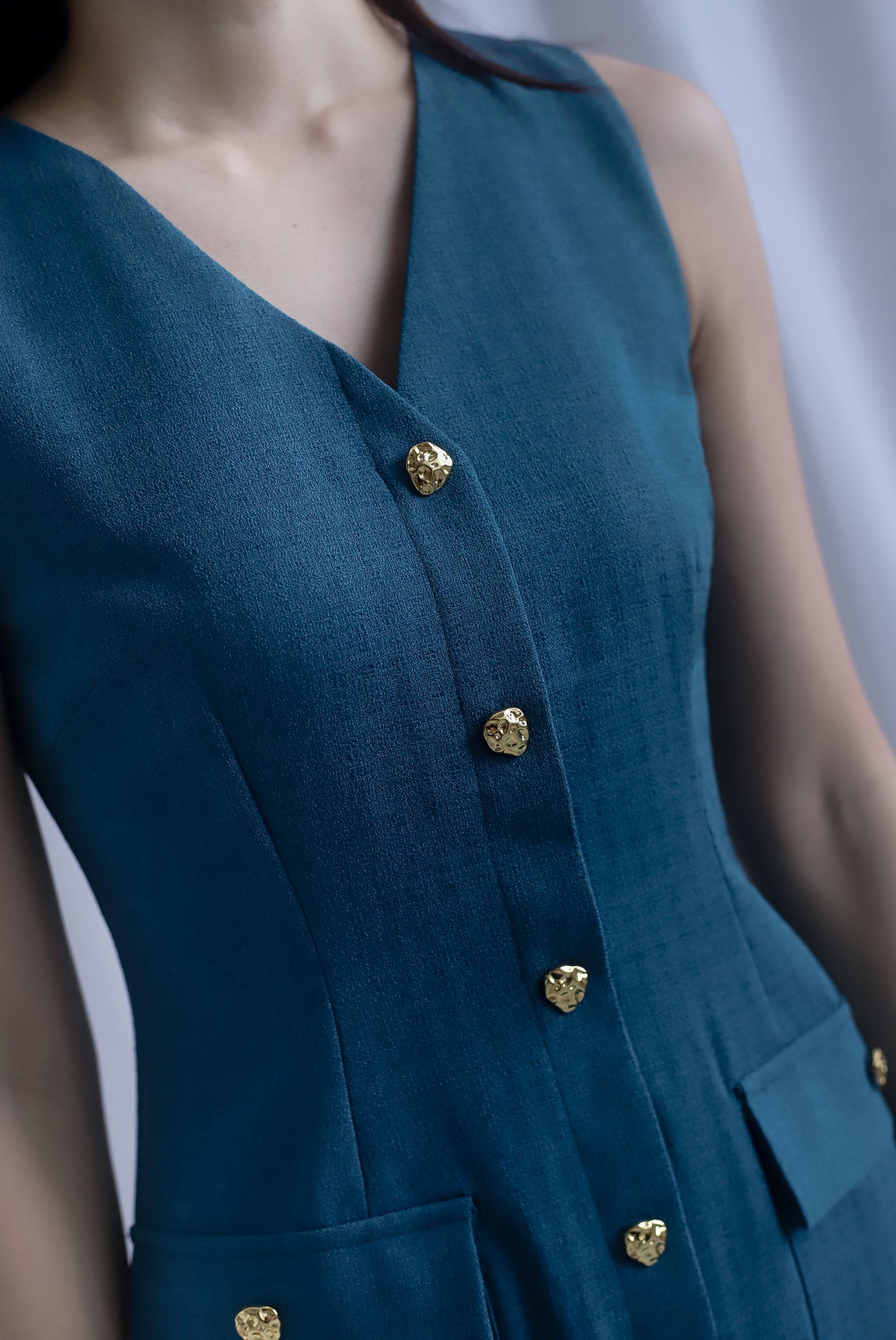 *Restocked* Dulce Gold Buttons Tweed Work Dress In Forest Green