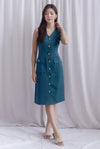 *Restocked* Dulce Gold Buttons Tweed Work Dress In Forest Green