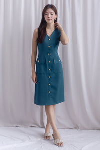 *Restocked* Dulce Gold Buttons Tweed Work Dress In Forest Green