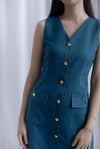*Restocked* Dulce Gold Buttons Tweed Work Dress In Forest Green
