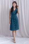*Restocked* Dulce Gold Buttons Tweed Work Dress In Forest Green