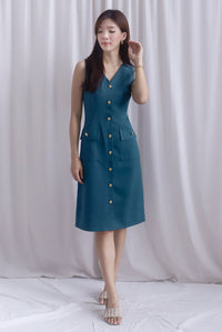 *Restocked* Dulce Gold Buttons Tweed Work Dress In Forest Green