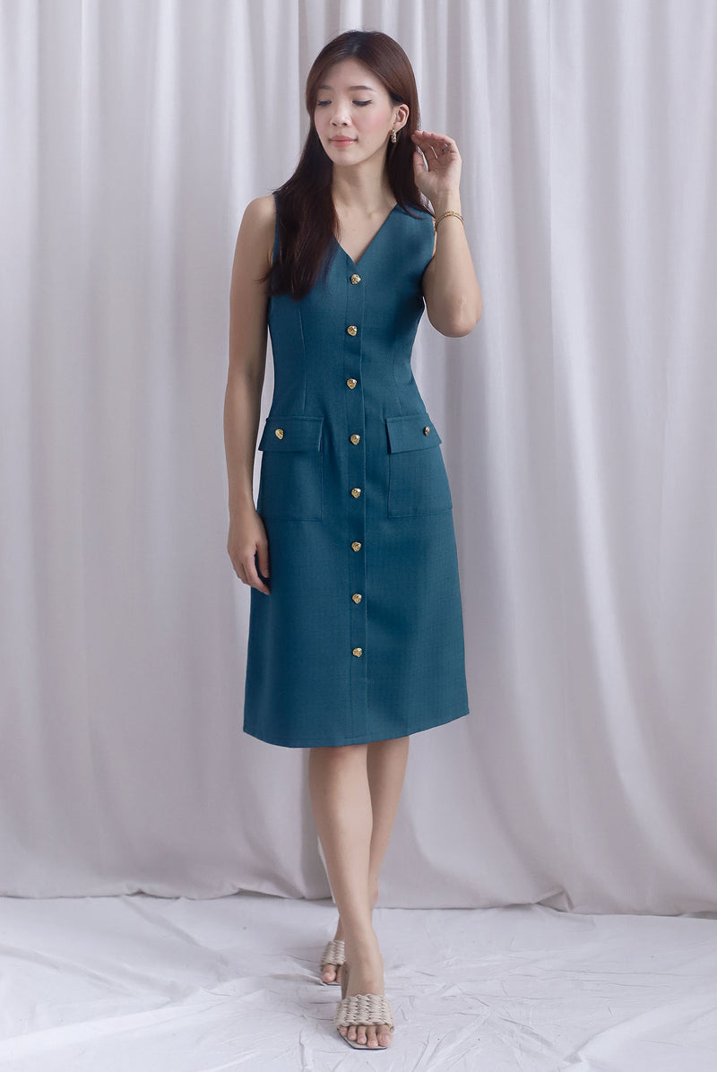 *Restocked* Dulce Gold Buttons Tweed Work Dress In Forest Green