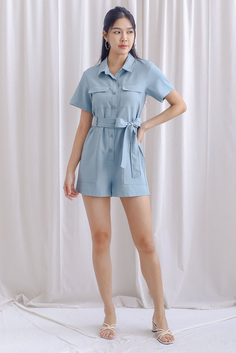 TDC Edith Utility Romper In Light Denim Blue