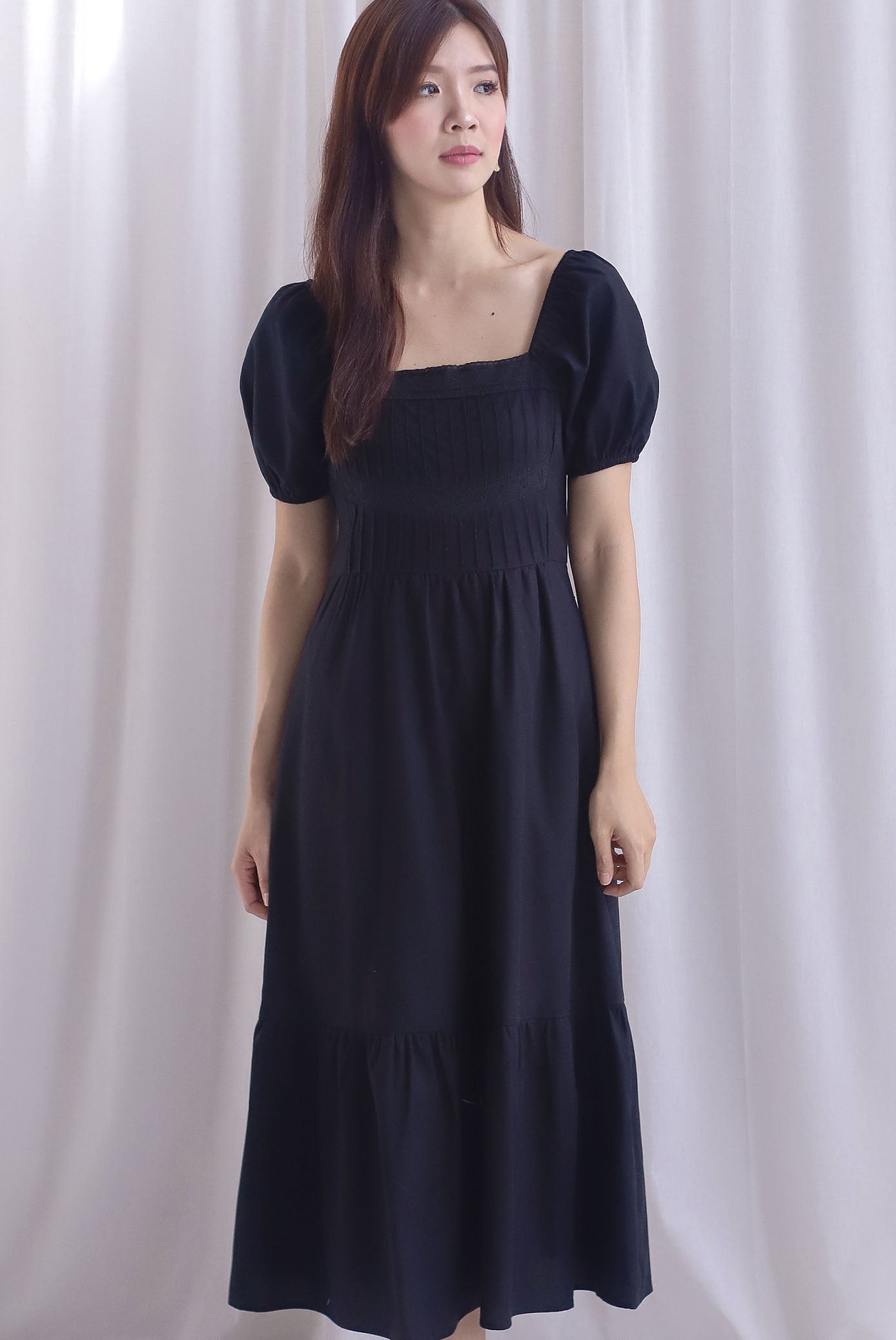 Elfrida Puffy Sleeve Lattice Pintuck Midi Dress In Black