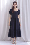 Elfrida Puffy Sleeve Lattice Pintuck Midi Dress In Black