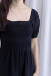 Elfrida Puffy Sleeve Lattice Pintuck Midi Dress In Black