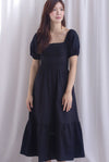 Elfrida Puffy Sleeve Lattice Pintuck Midi Dress In Black