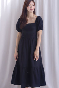 Elfrida Puffy Sleeve Lattice Pintuck Midi Dress In Black