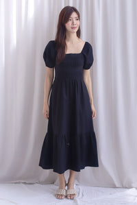 Elfrida Puffy Sleeve Lattice Pintuck Midi Dress In Black