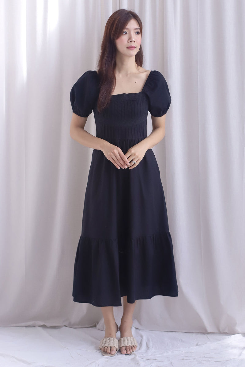 Elfrida Puffy Sleeve Lattice Pintuck Midi Dress In Black