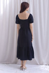 Elfrida Puffy Sleeve Lattice Pintuck Midi Dress In Black