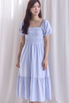 Elfrida Puffy Sleeve Lattice Pintuck Midi Dress In Powder Blue