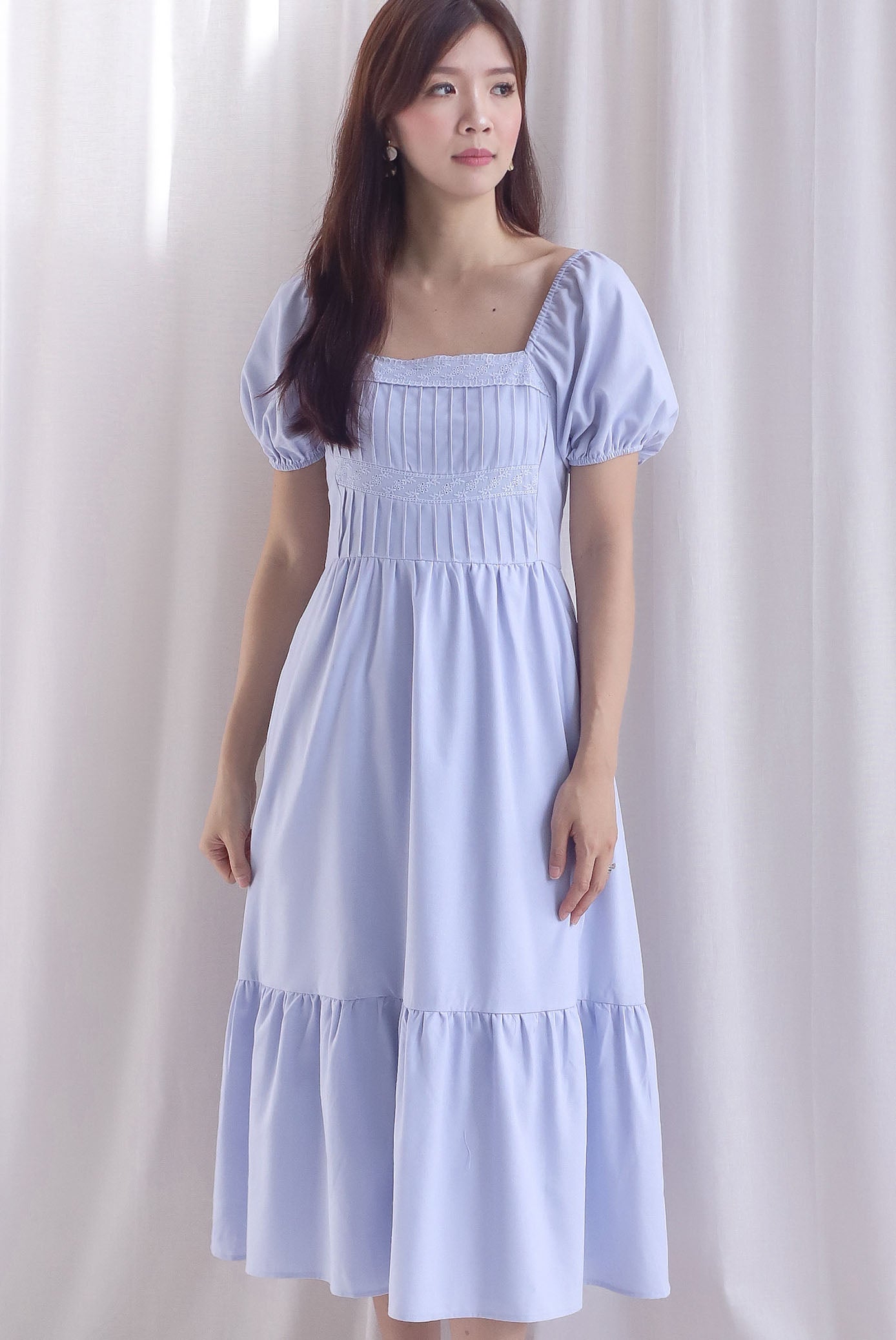 Elfrida Puffy Sleeve Lattice Pintuck Midi Dress In Powder Blue