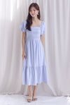 Elfrida Puffy Sleeve Lattice Pintuck Midi Dress In Powder Blue